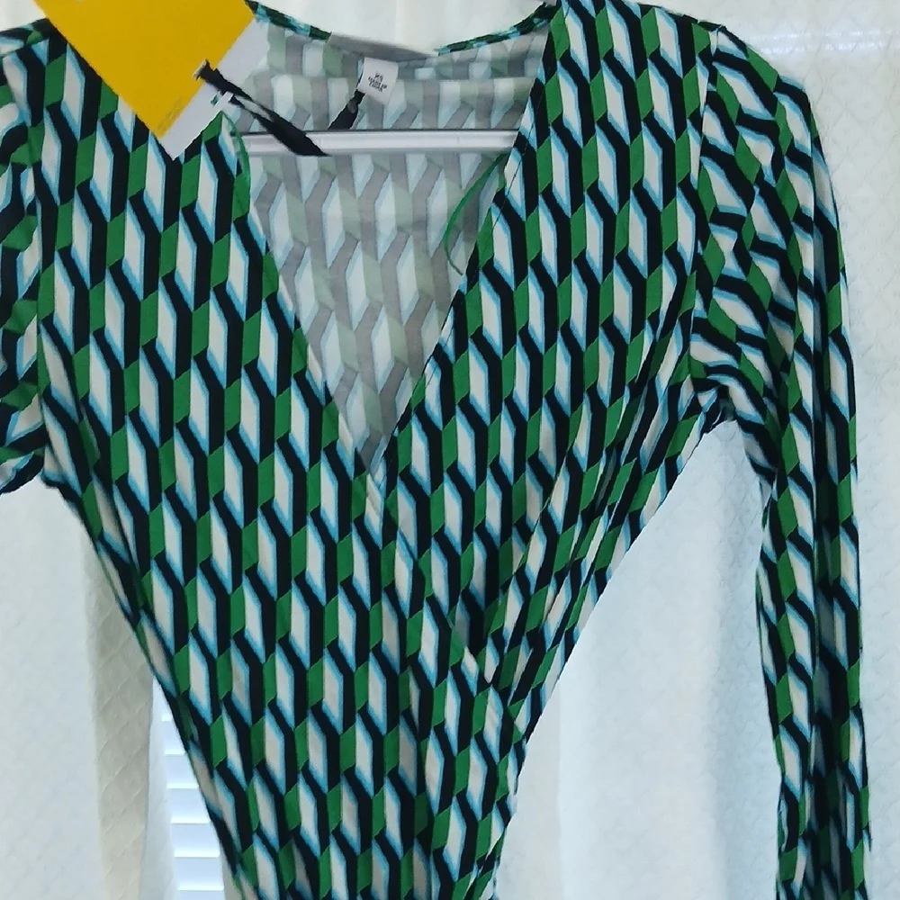 Diane Von Furstenberg Green Geometric Wrap 3/4 Sleeve Dress XS - Picture 4 of 8